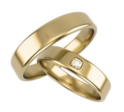 Para złotych obrączek ślubnych w profilu prostym z zaokrąglonymi krawędziami