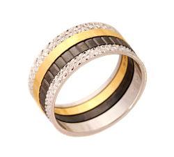 Pierścionek złoty szeroki łączne kolory złota czarny rod zdobione krawędzie
